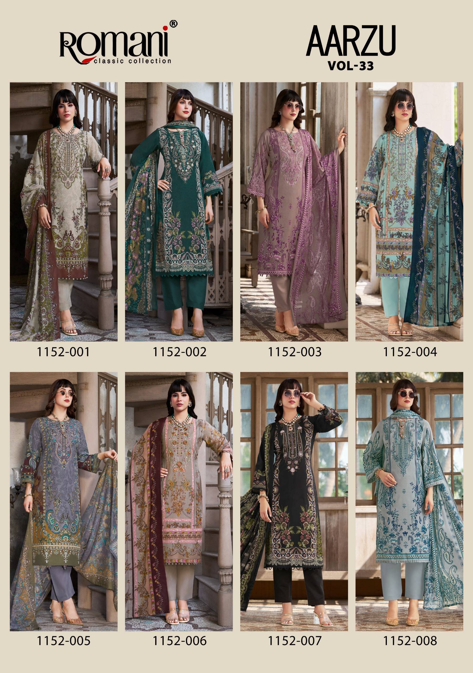 AARZU VOL-33 by ROMANI 1152-001 TO 1152-008 SERIES Pakistani Stylish Embroidered Soft Cotton COLLECTION At Wholesale Price